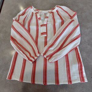 GAP Women's 100% Cotton White/Red Stripe L/S Banded Split Neckline Blouse XS/TP